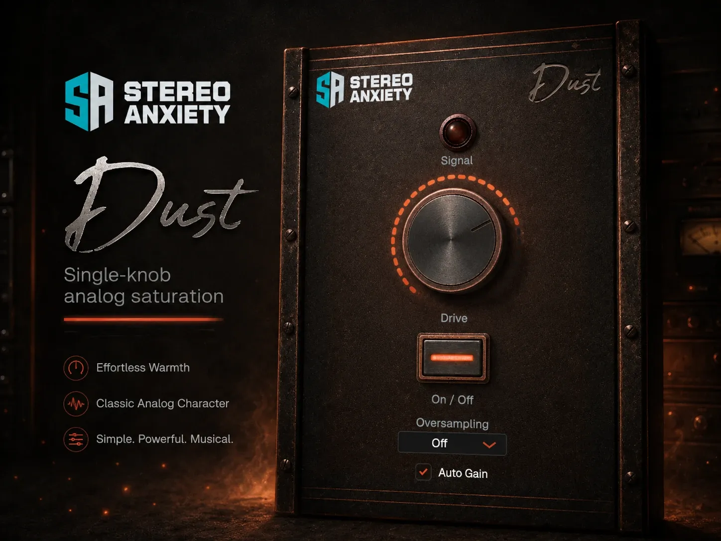 Dust saturation plugin — backlit drive knob with airborne grit drifting through studio light