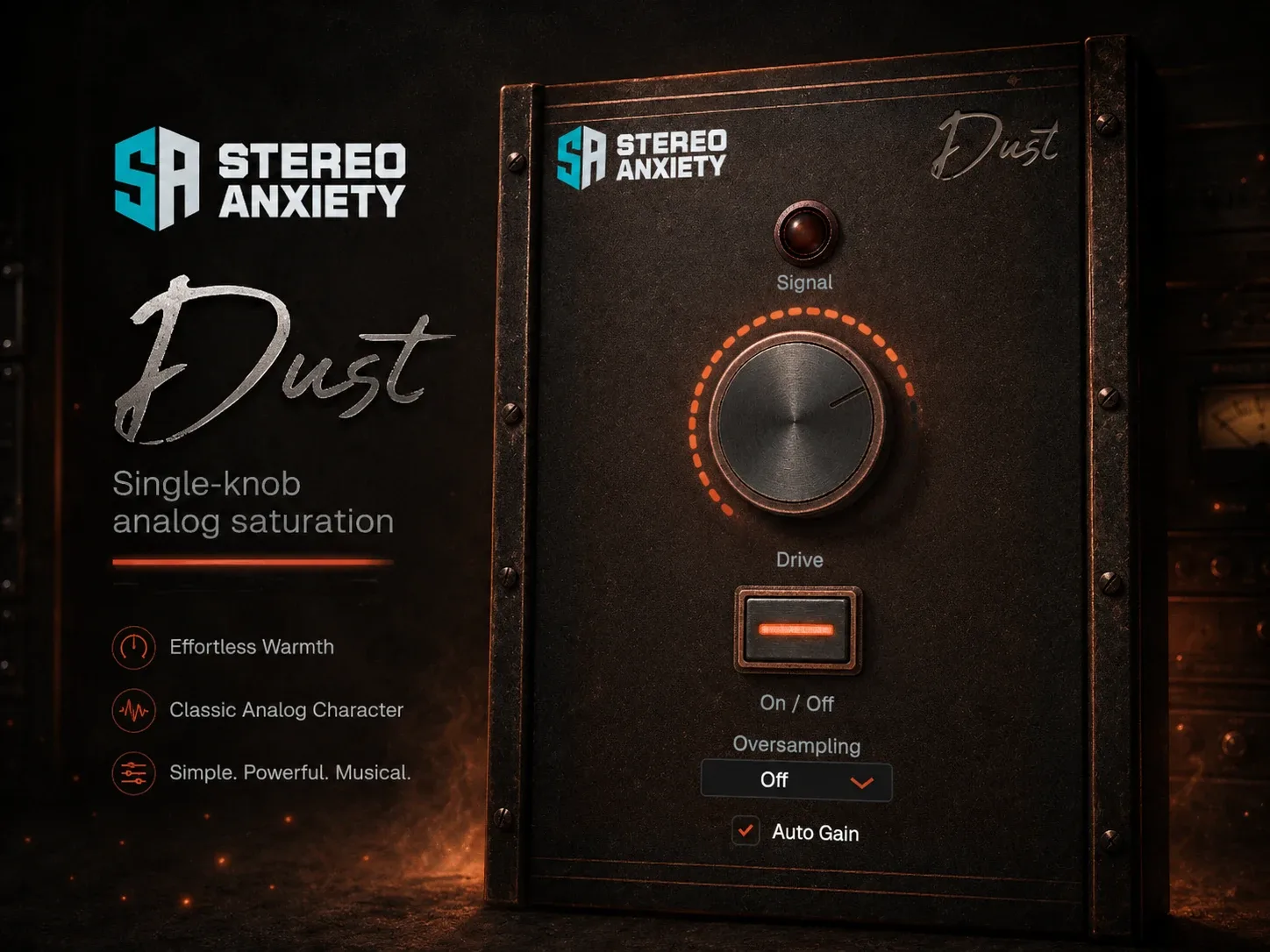 Dust saturation plugin — backlit drive knob with airborne grit drifting through studio light