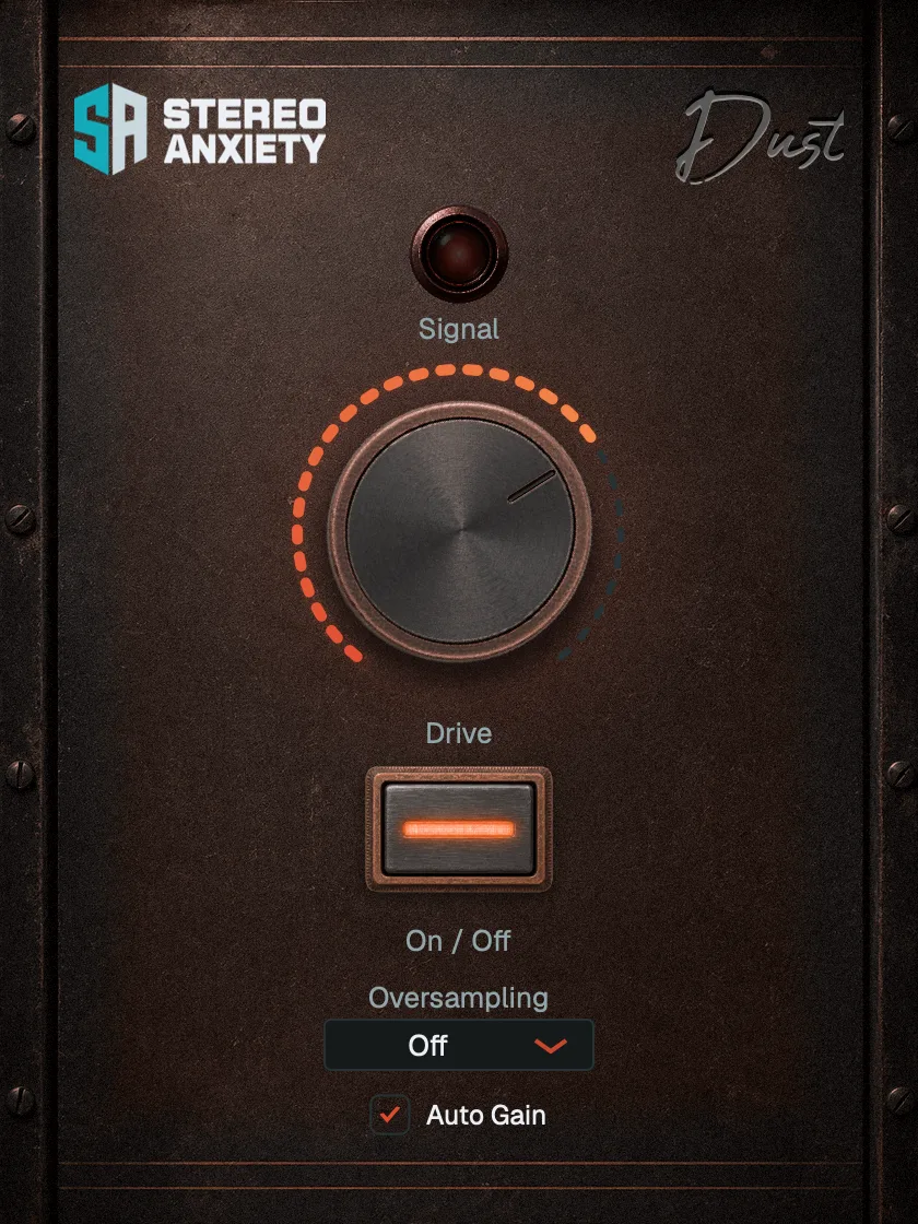 Dust saturation plugin - Drive macro knob and oversampling controls
