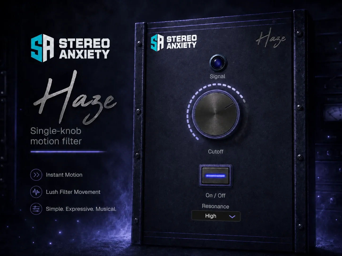 Haze resonant filter plugin — indigo-glowing knob with resonance ripples in atmospheric haze
