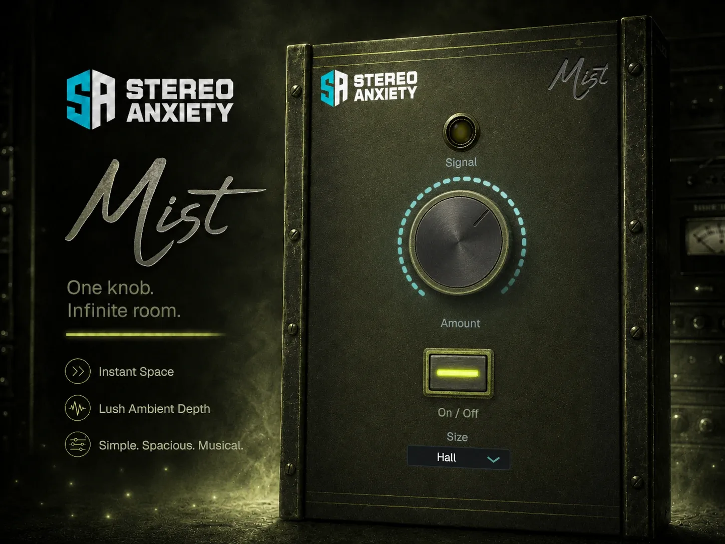 Mist reverb plugin — teal-glowing knob with drifting mist fading into cathedral depth